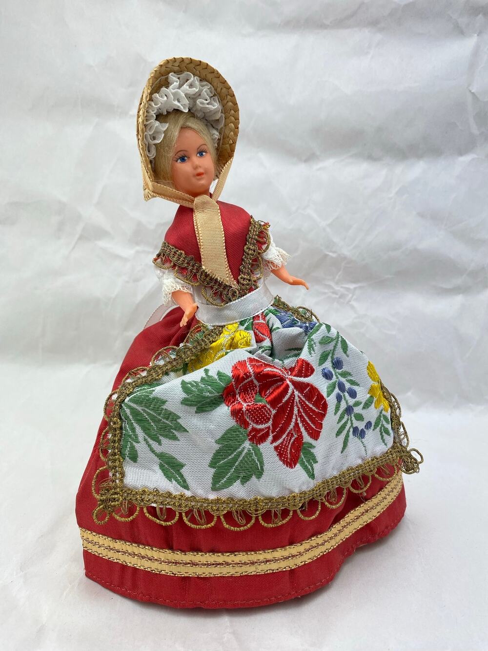 Vintage Souvenir Doll Regional European Folk Costume Velvet Floral Apron Bonnet